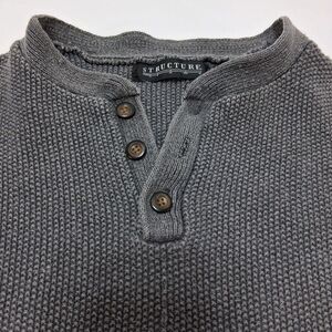 Vintage Structure Mens Grey Waffle Knit Ramie Cotton Henley Sweater M 90s Y2K